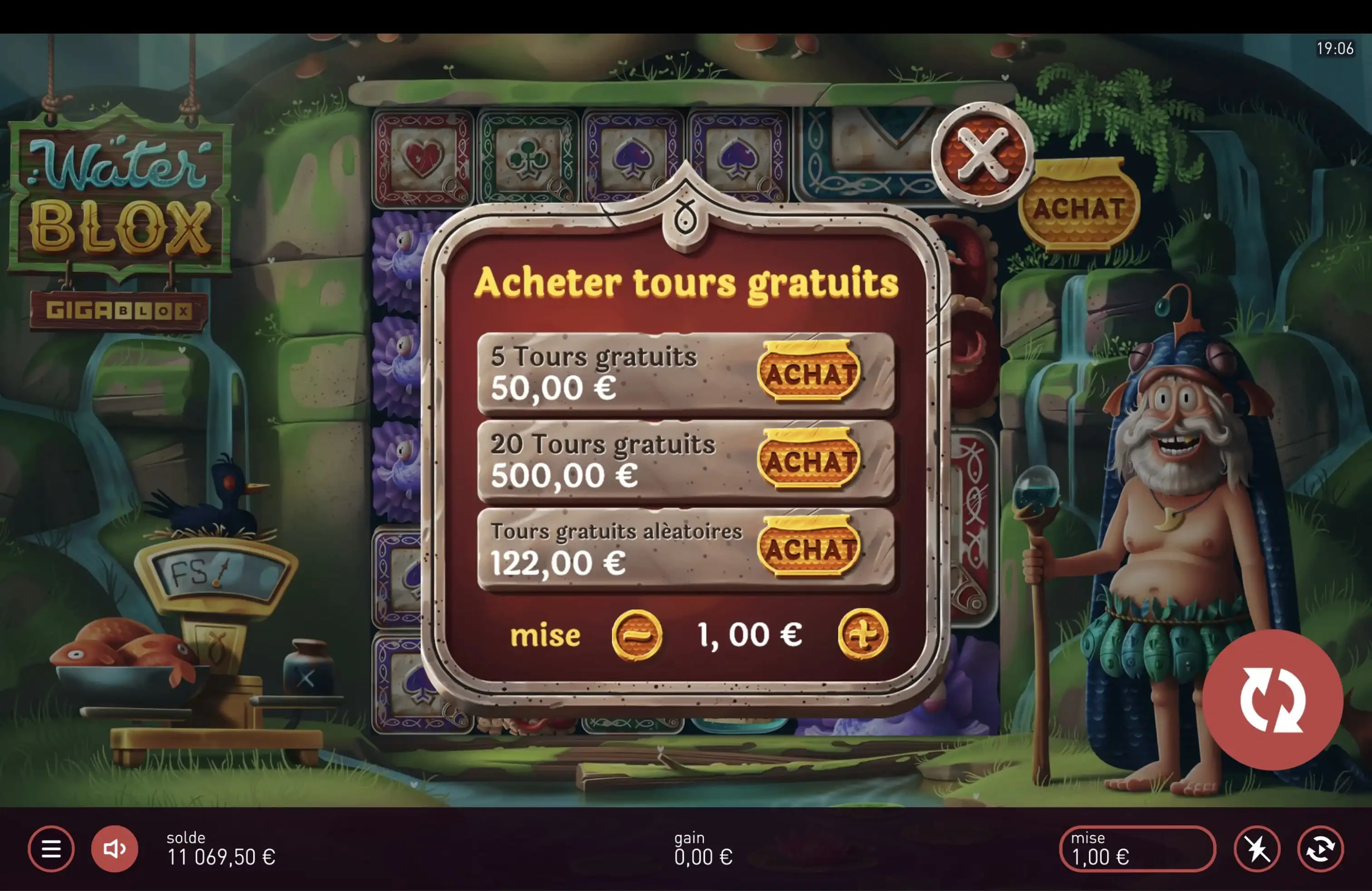 Fonctionnalité achat de bonus sur la machine a sous WaterBlox Gigablox du provider Yggdrasil
