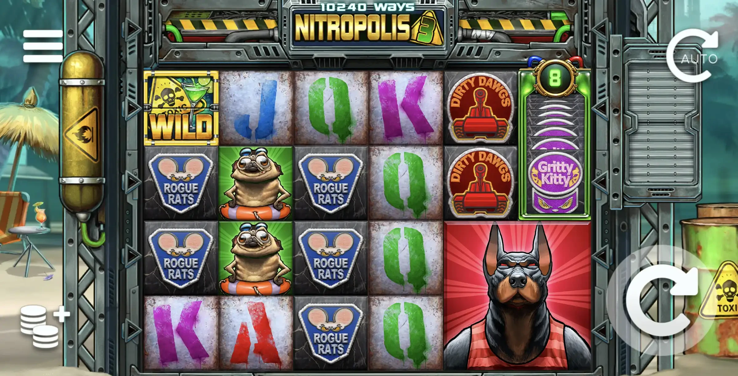 Gros symboles présents sur la machine a sous Nitropolis 3 d’ELK Studios