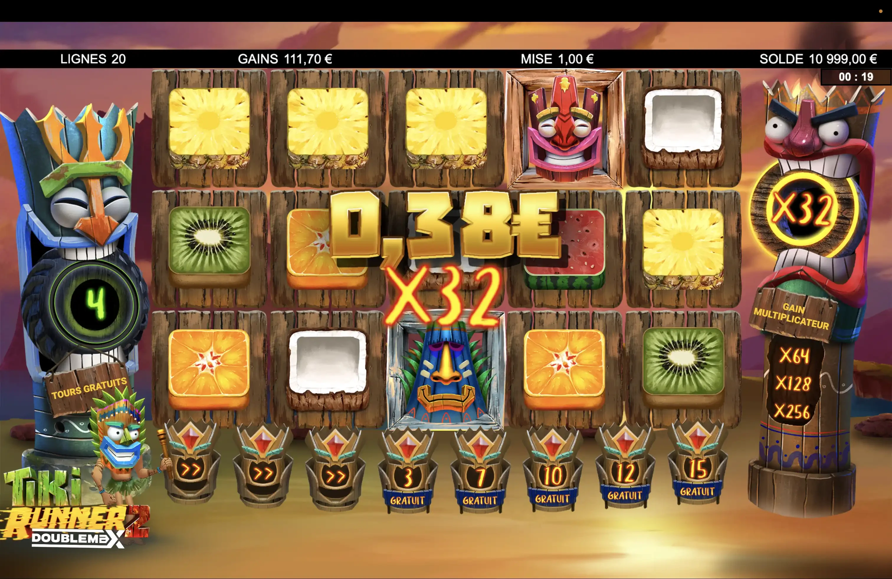 Fonctionnalités présentes durant les parties gratuites sur la machine a sous Tiki Runner 2