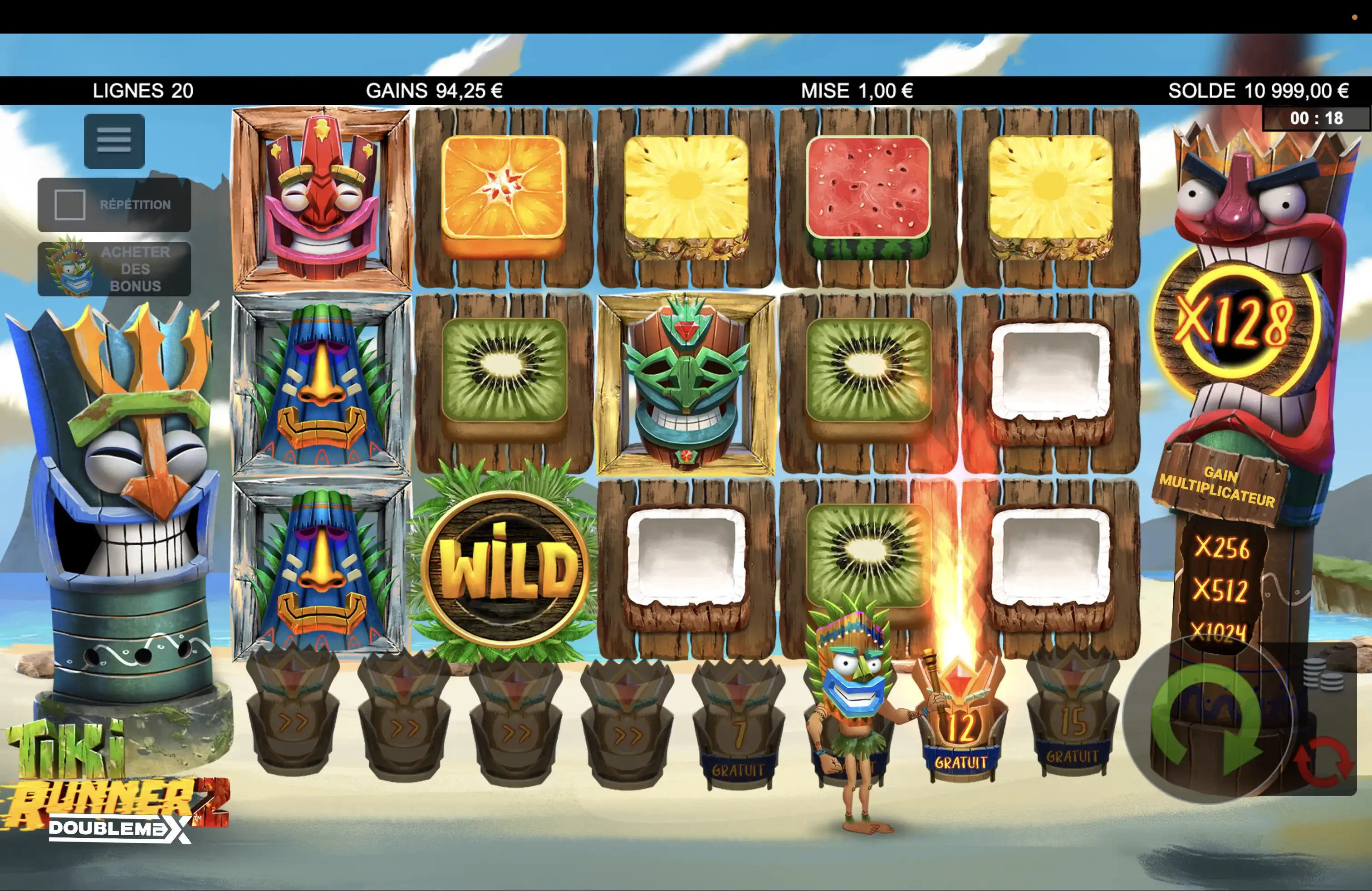 Option des parties bonus sur la machine a sous Tiki Runner 2