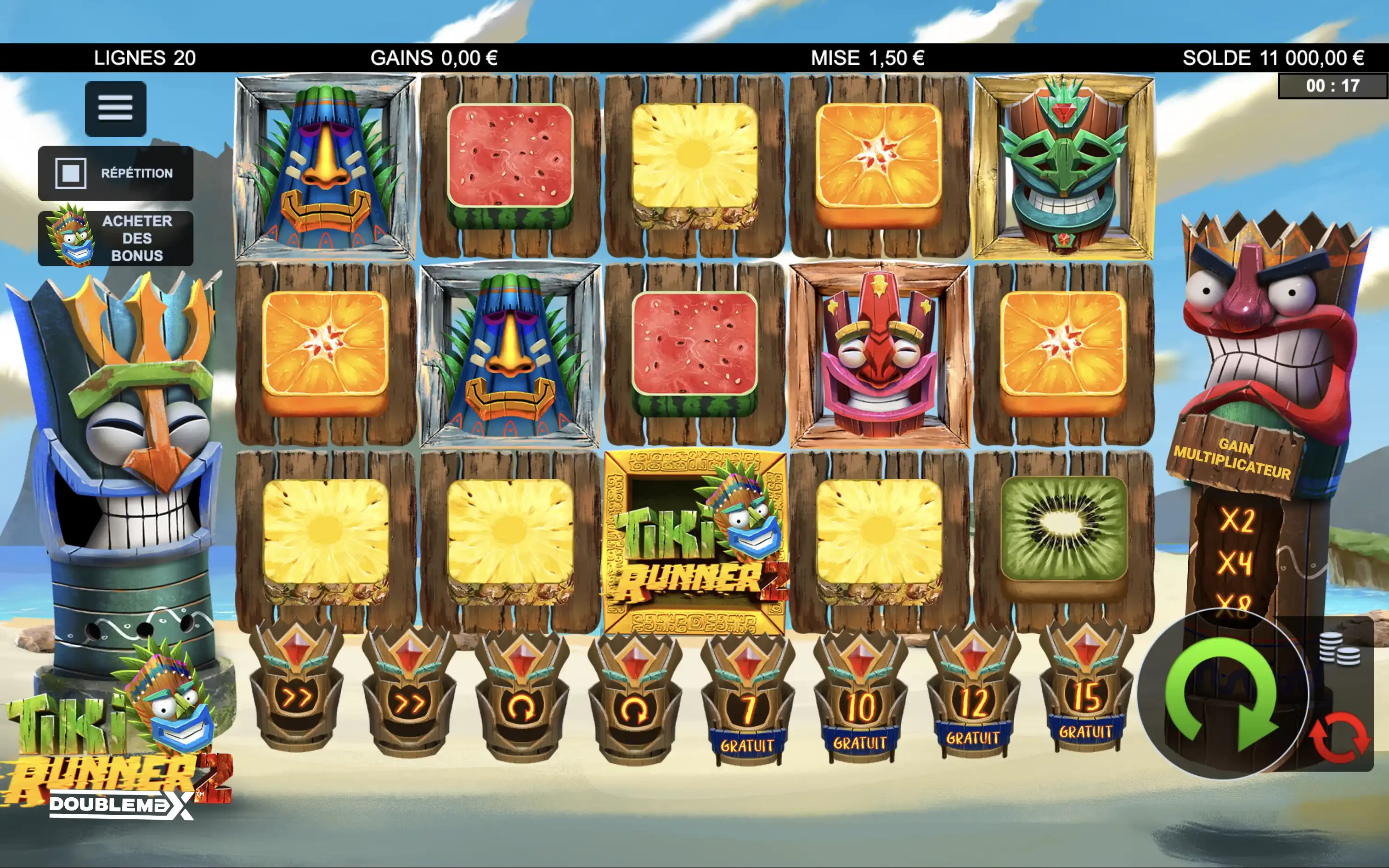 Fonctionnalité numéro 1 sur la machine a sous Tiki Runner 2 d’Yggdrasil