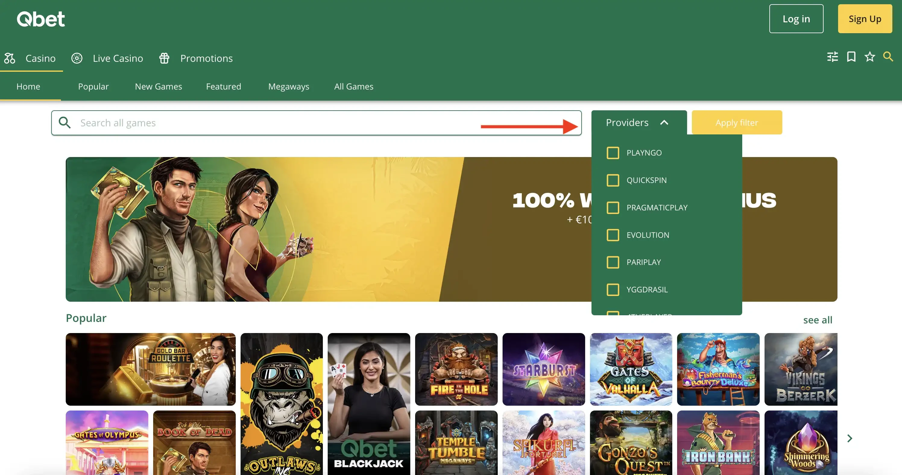 Liste des providers disponibles sur le casino en ligne QBet