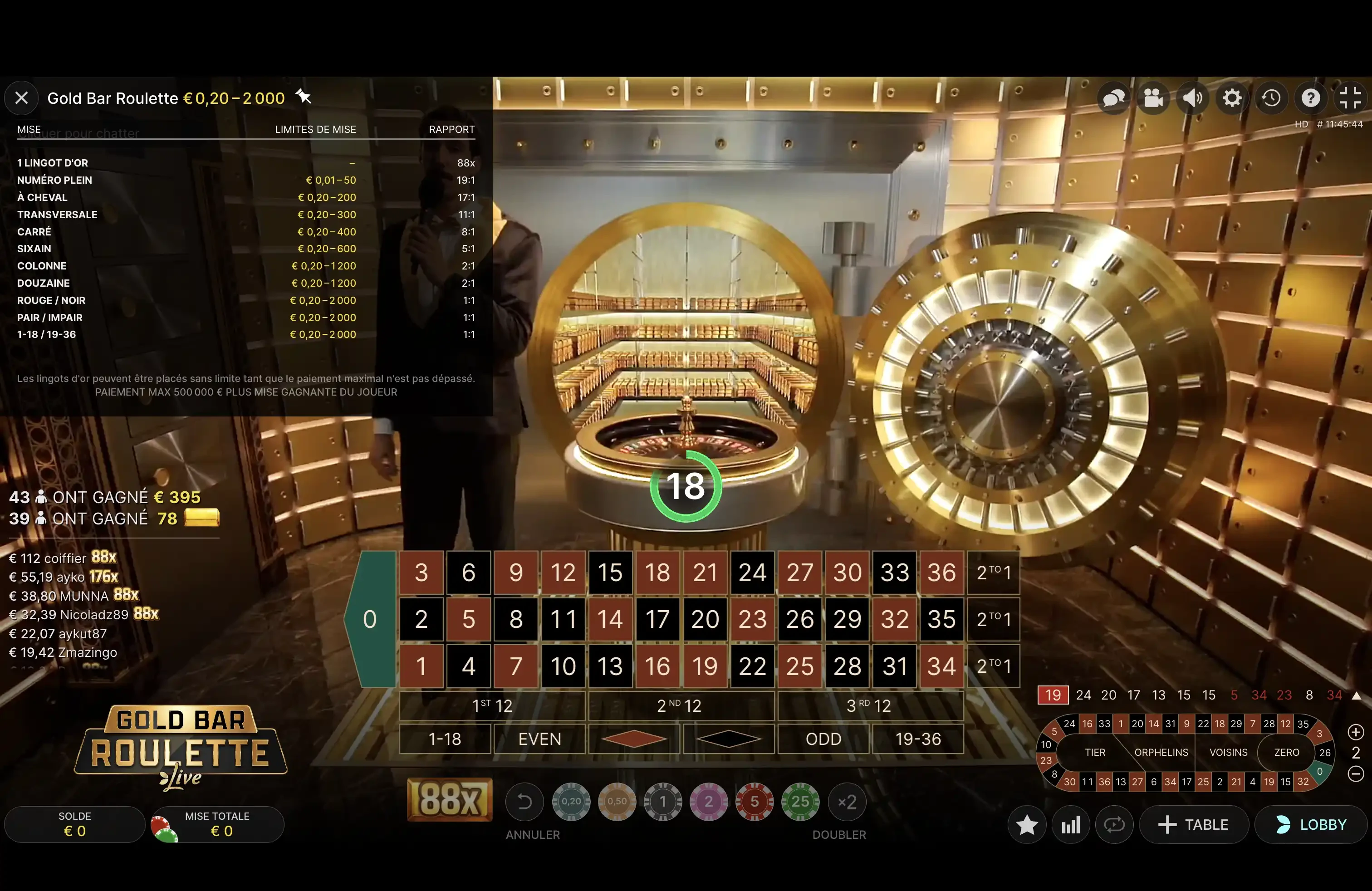 Le gain maximal qu’il est possible d’atteindre sur la Gold Bar Roulette est de 500 000 euros