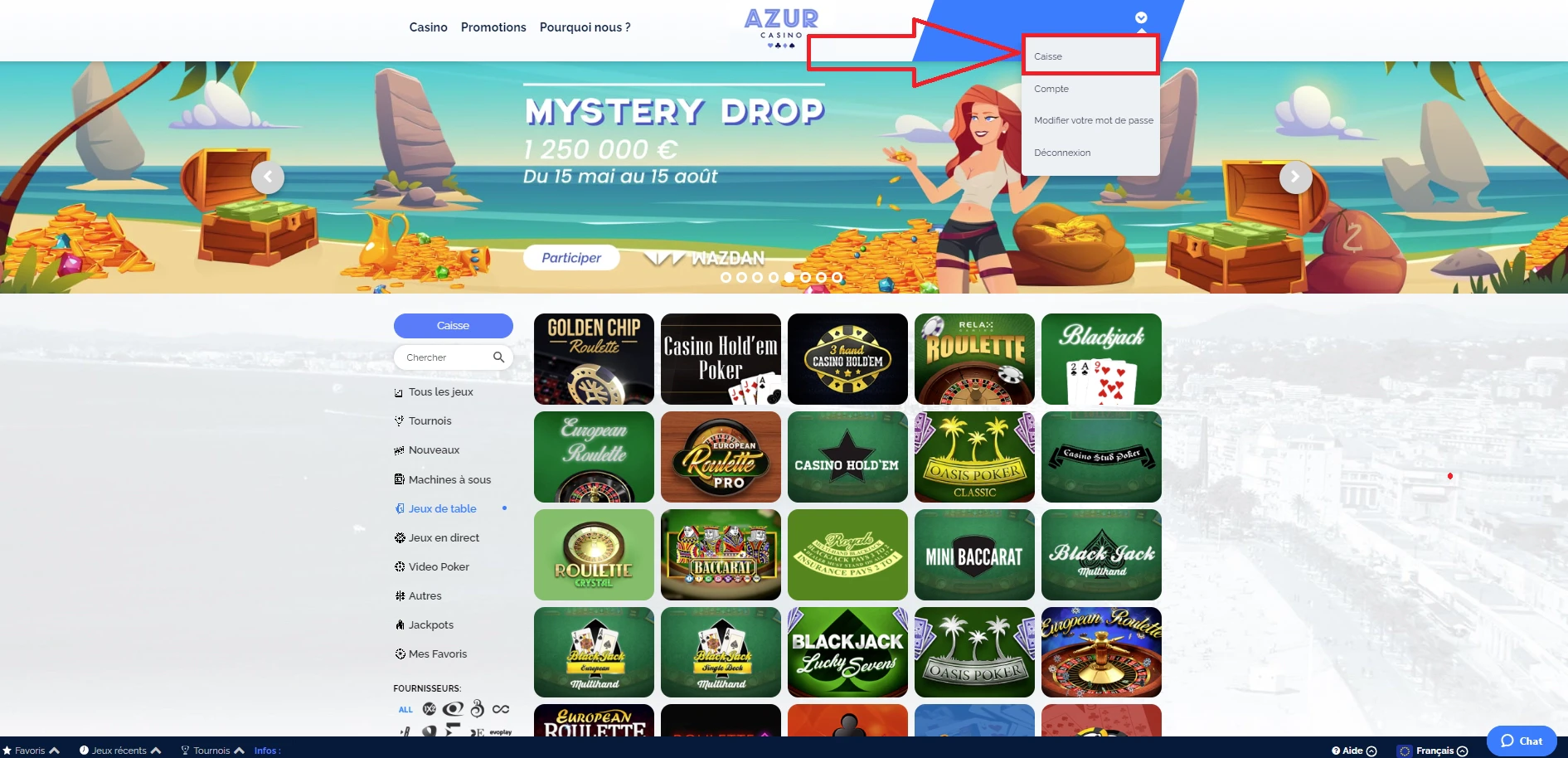 Déposer en virement bancaire sur Azur Casino, étape 2