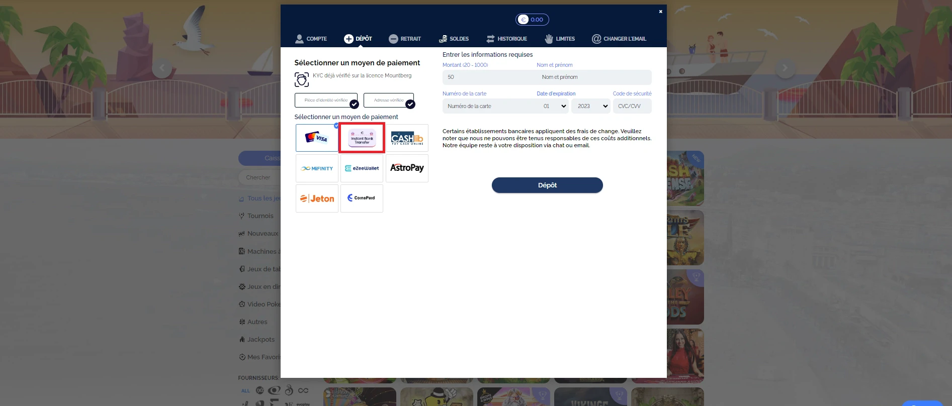 Etape 2 pour déposer en virement bancaire sur Azur Casino