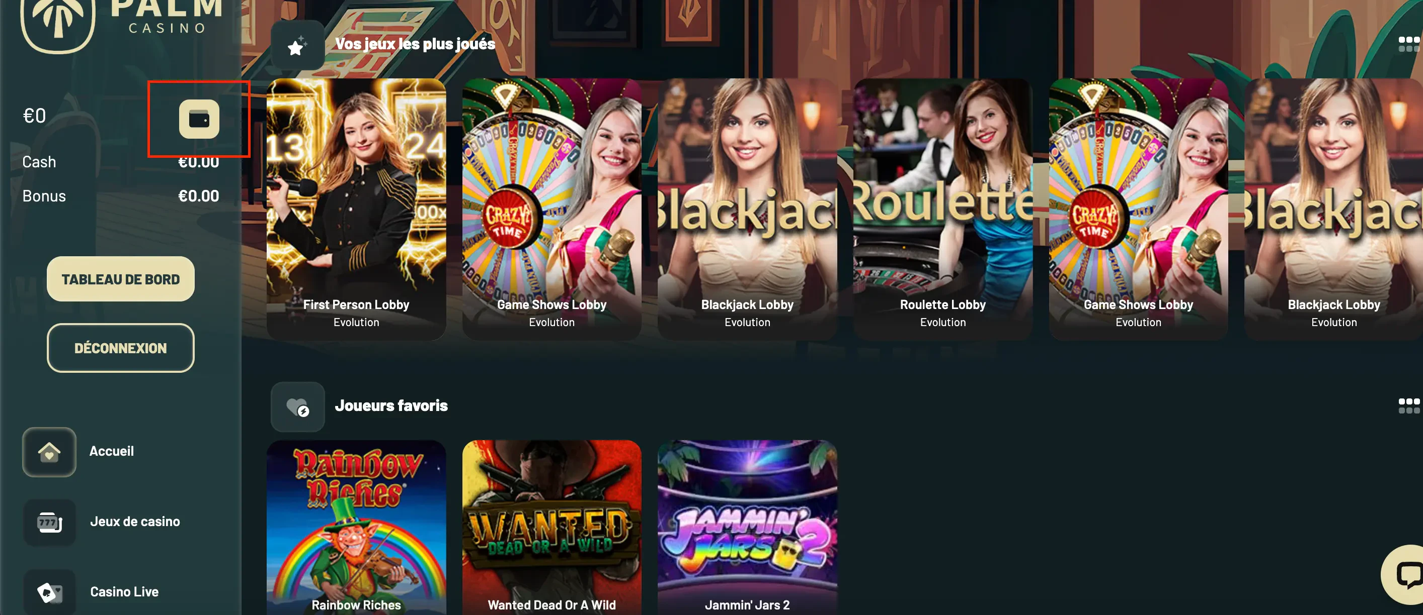 dépôt palm casino