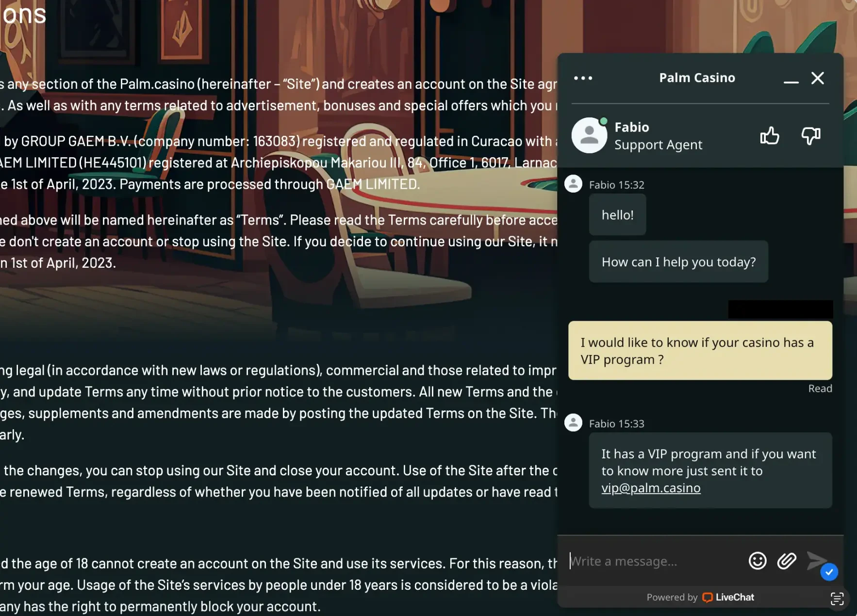 live chat palm casino