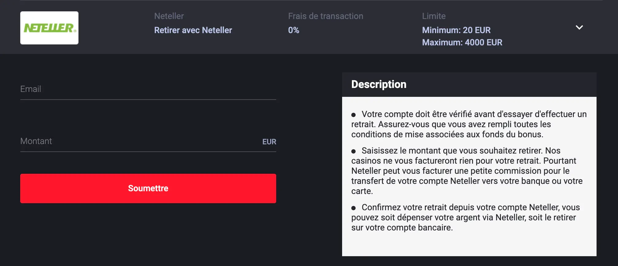 Retrait MyStake Neteller