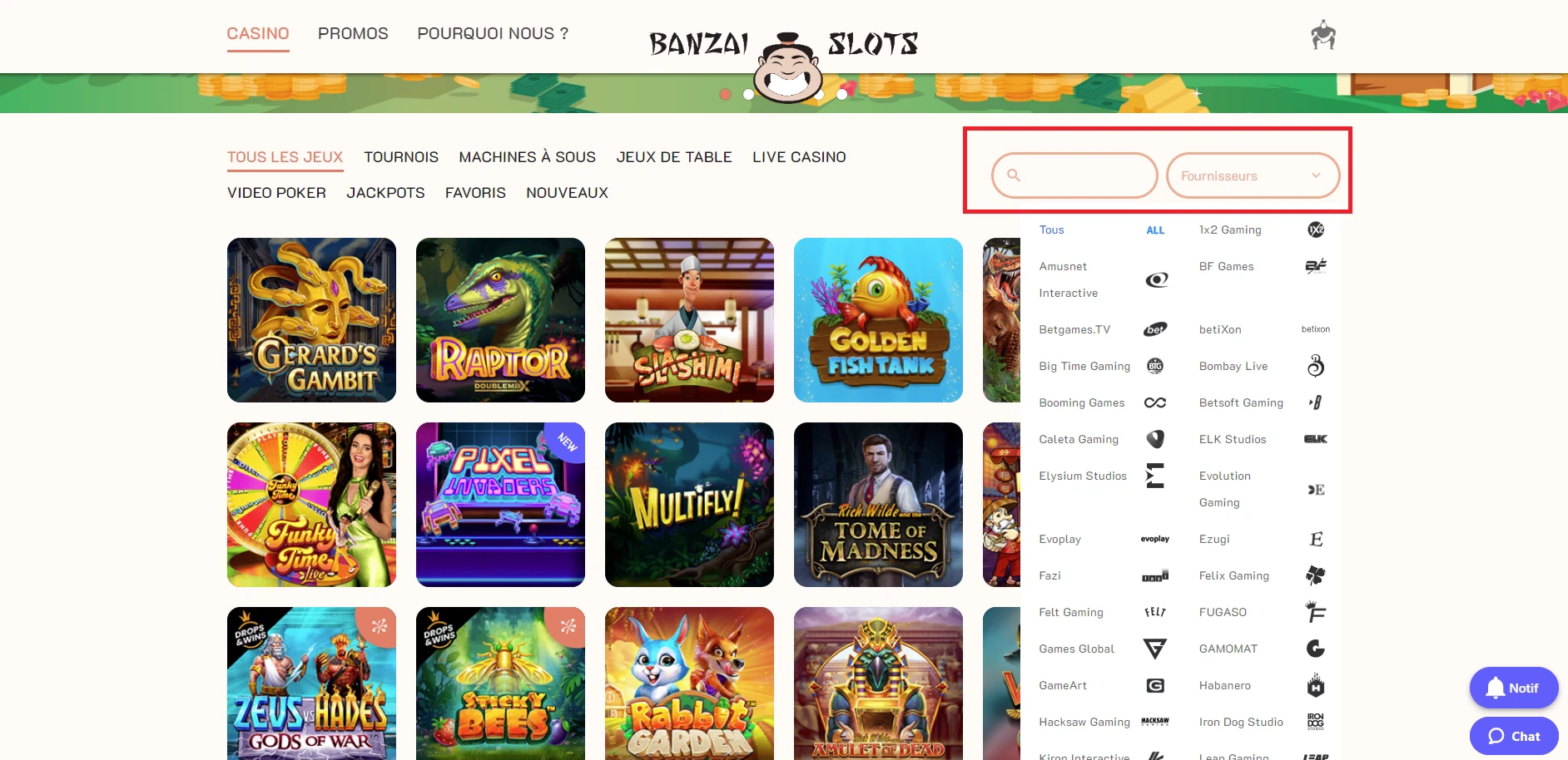 Barre de recherche disponible sur Banzai Slots
