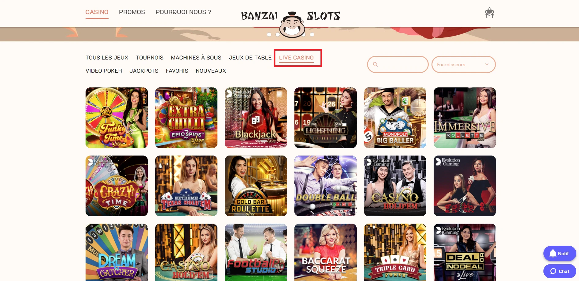 Différents fournisseurs de jeux présents sur Banzai Slots