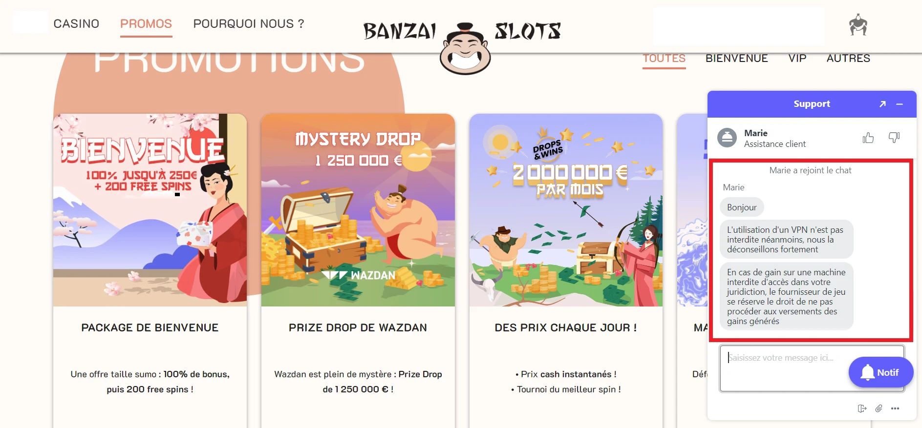 Conversation avec le support de Banzai Slots