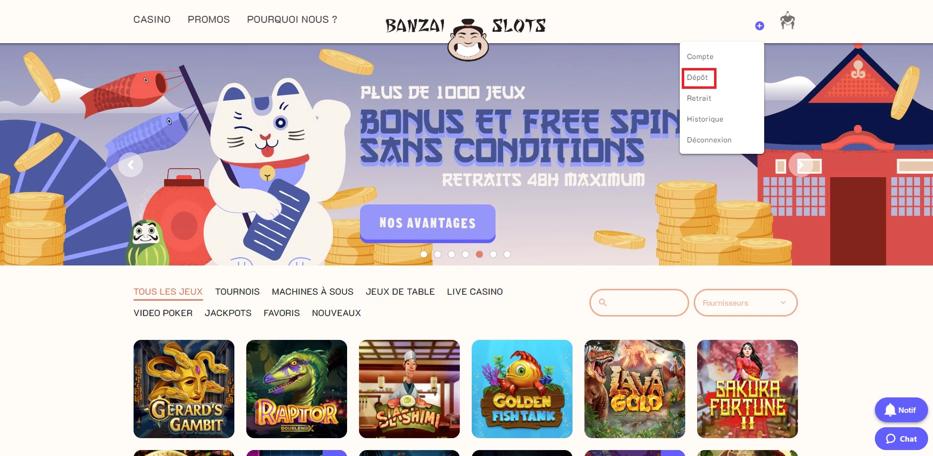 Etape 1 pour déposer sur Banzai Slots