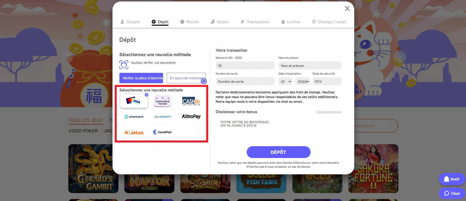 Etape 2 pour déposer sur Banzai Slots