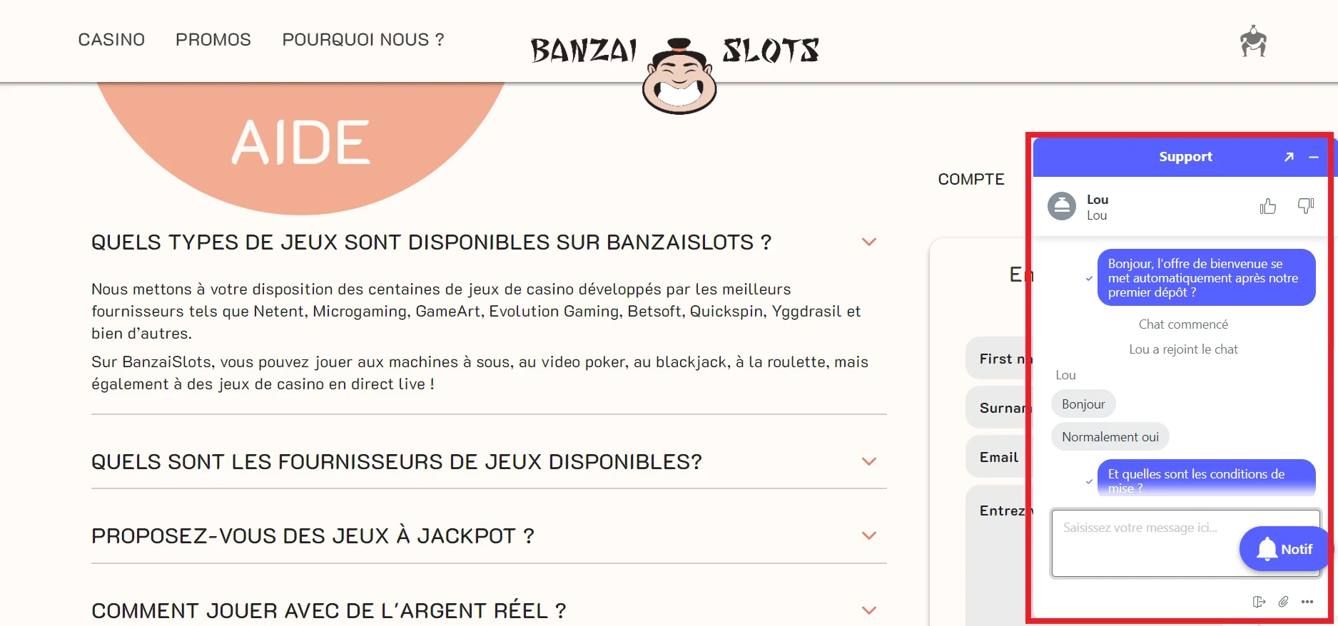 Discussion avec le support client de Banzai Slots