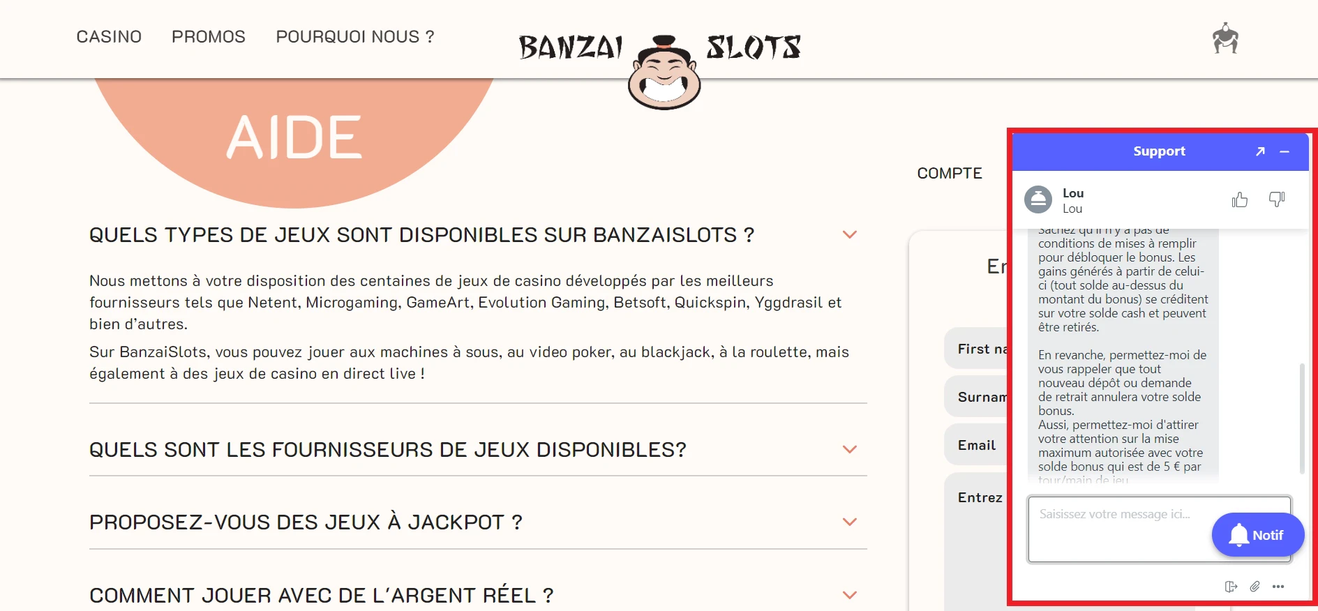 Discussion avec le CS de Banzai Slots