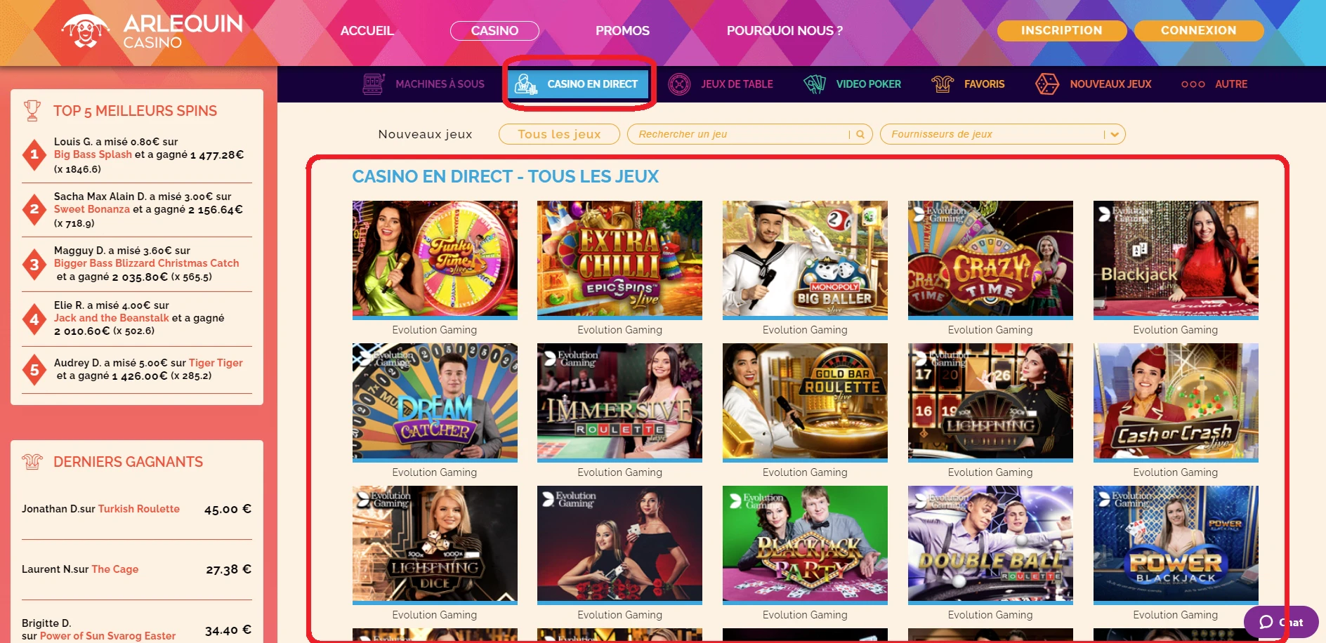 Jeux en direct sur Arlequin Casino