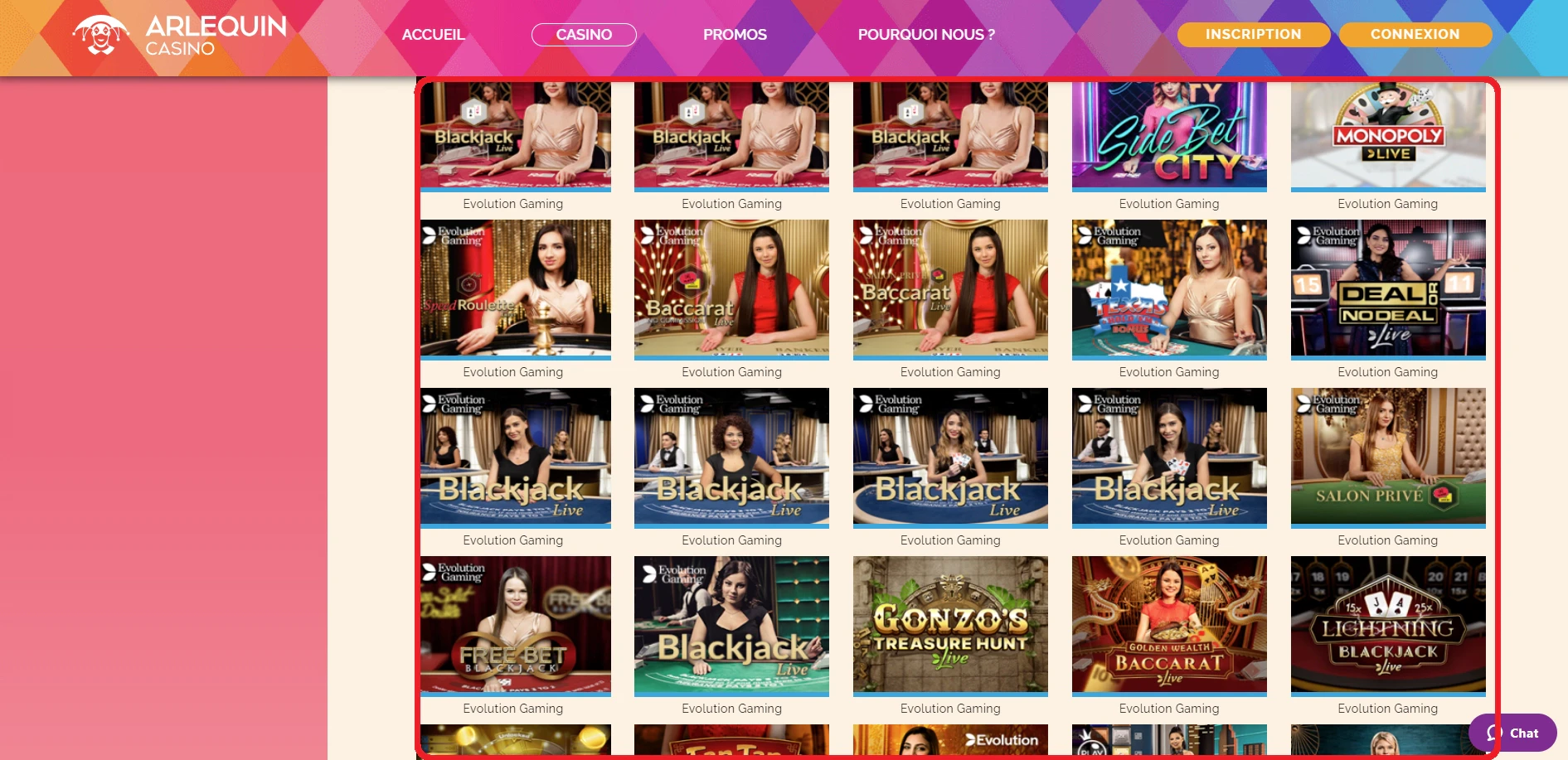 Table de jeux sur Arlequin Casino