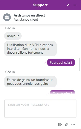 Discussion avec le support client d'Arlequin Casino