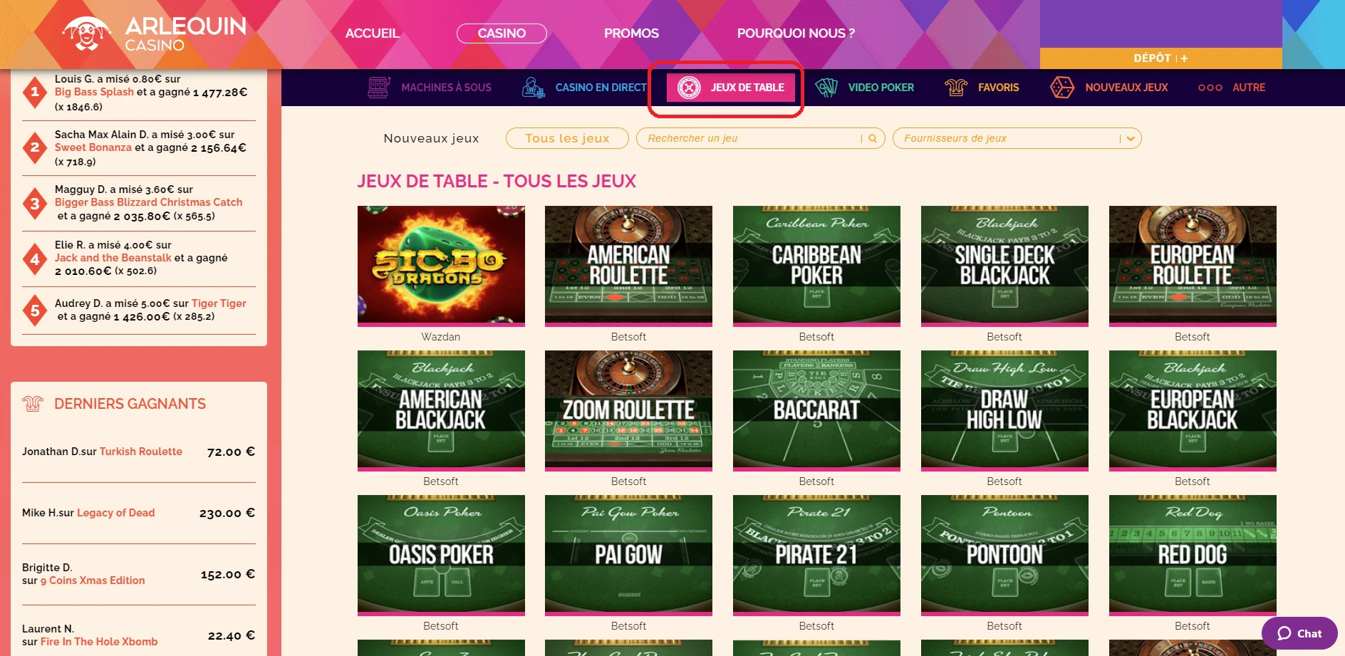 Jeux de table disponibles sur Arlequin Casino