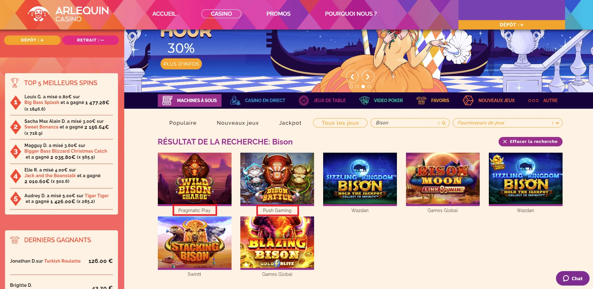 fournisseurs de jeux disponibles sur Arlequin Casino