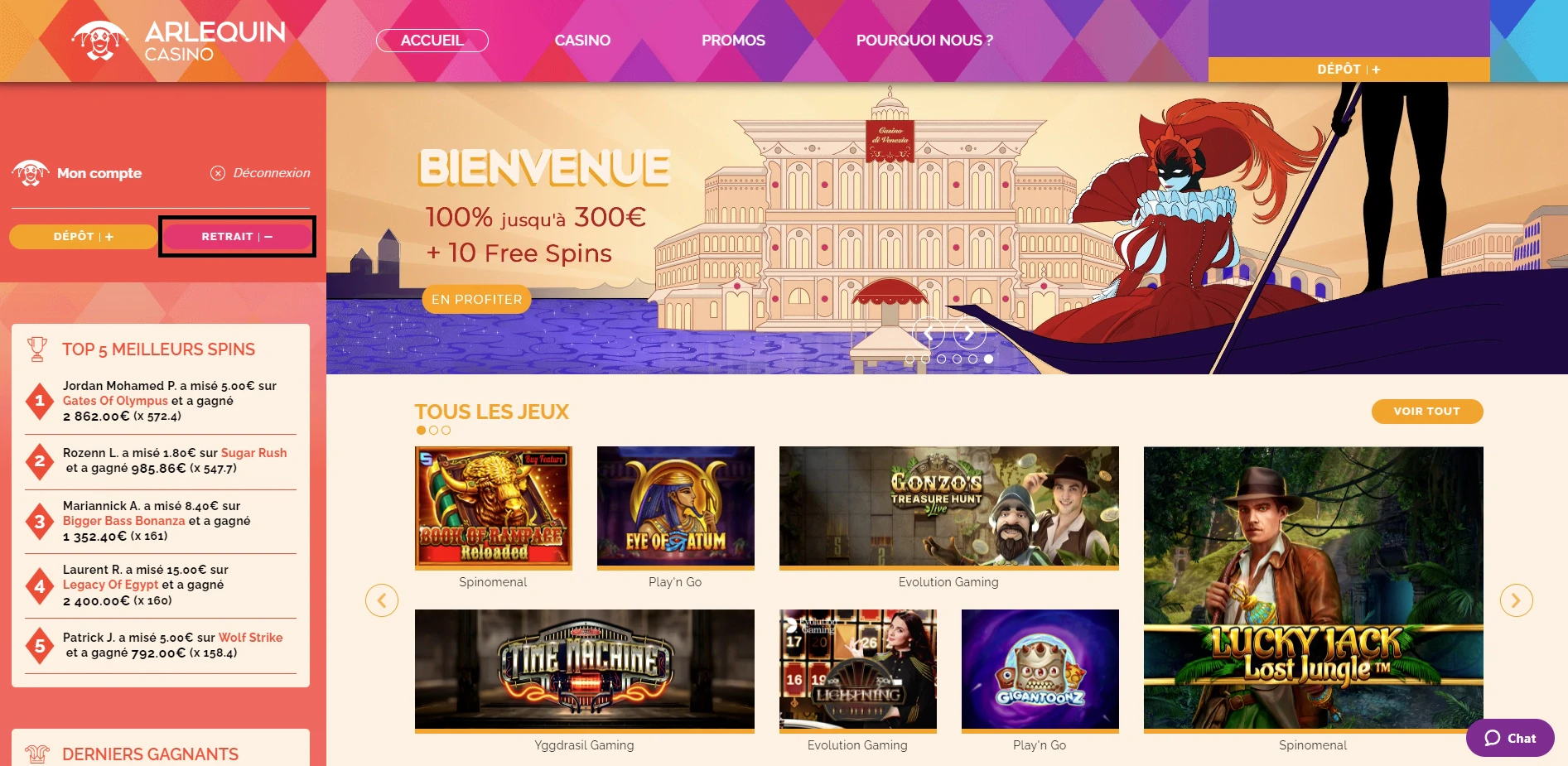 Retrait sur Arlequin Casino