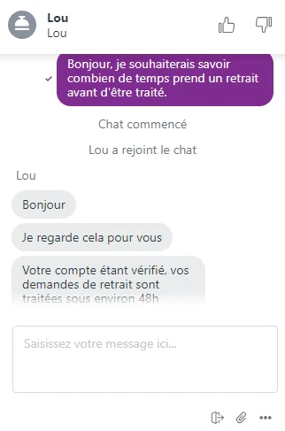 Discussion avec le support client d'Arlequin Casino