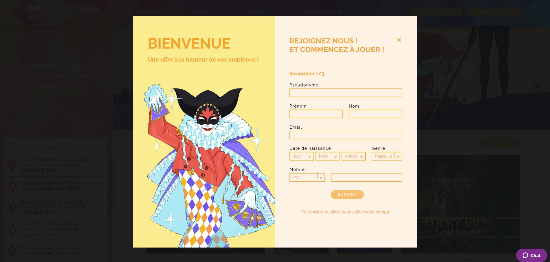 L'inscription sur Arlequin Casino