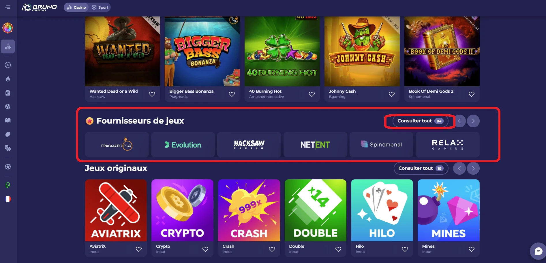 Liste des fournisseurs de jeux sur brunocasino