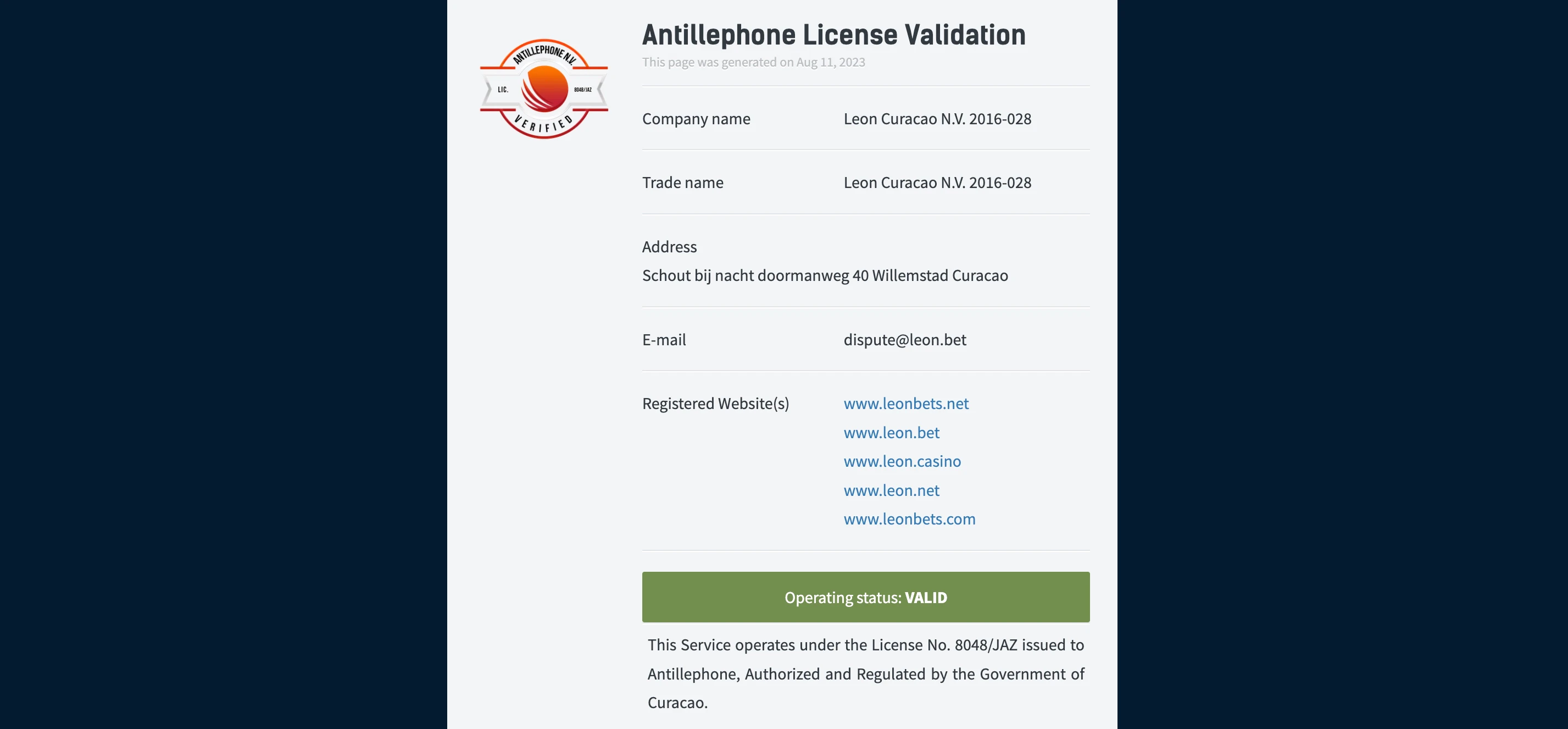 licence de jeu leonbet