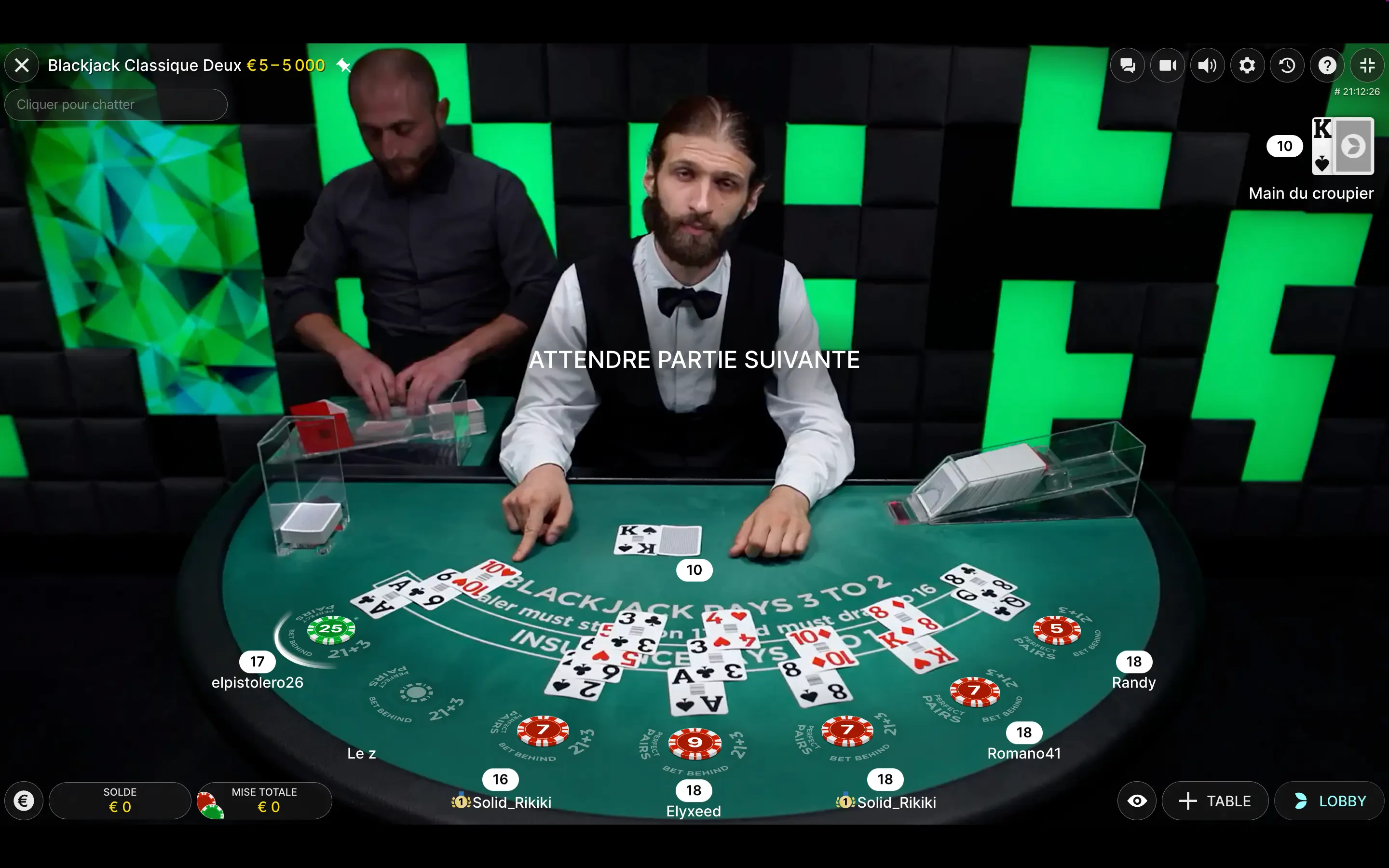 décisions joueurs blackjack live