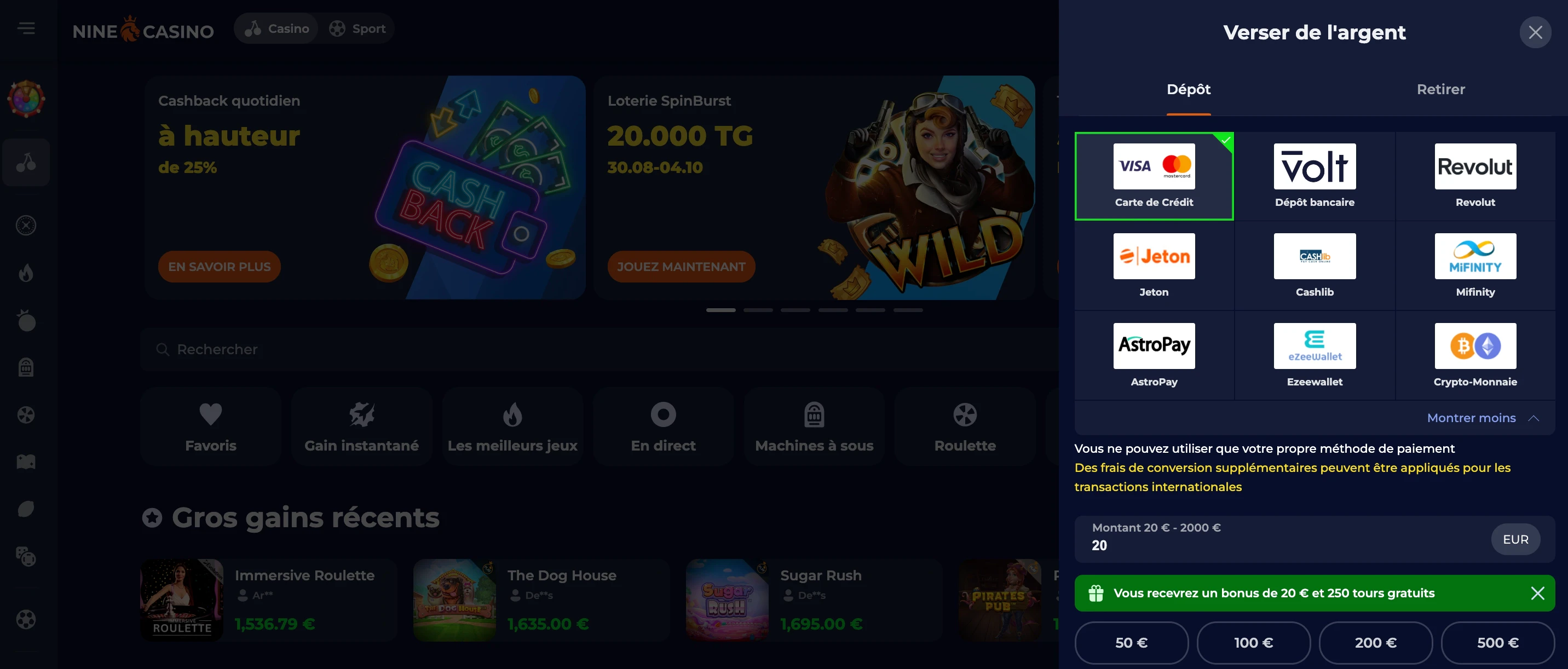 méthodes de paiement ninecasino