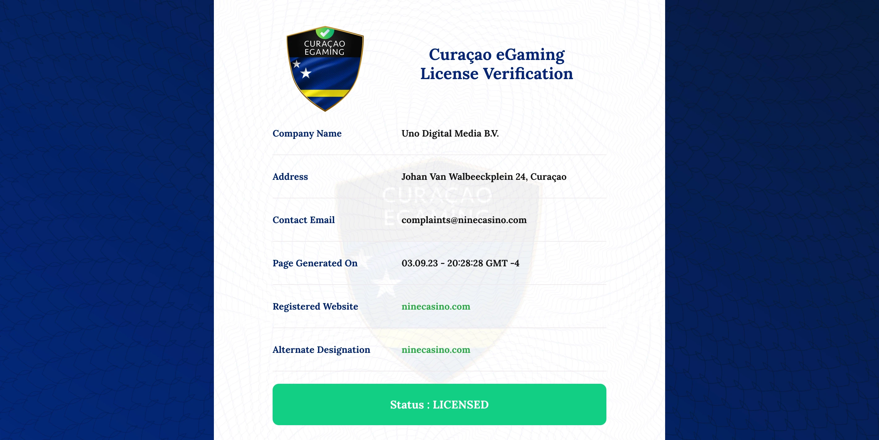 licence ninecasino