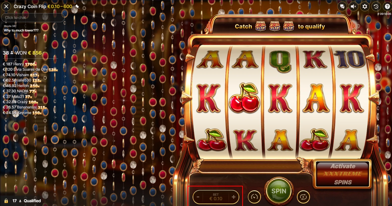 Un tour classique de Crazy Coin Flip est compris entre 0,10€ et 10€ par tour de jeu