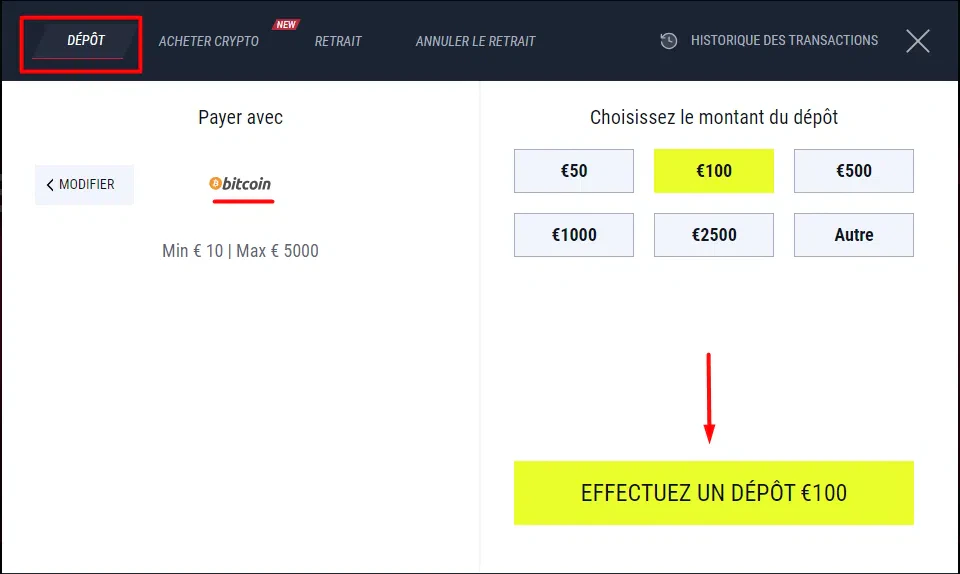 dépôt crypto
