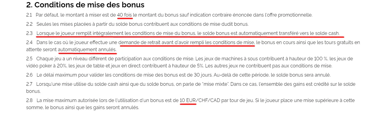 Conditions de mise pour les bonus