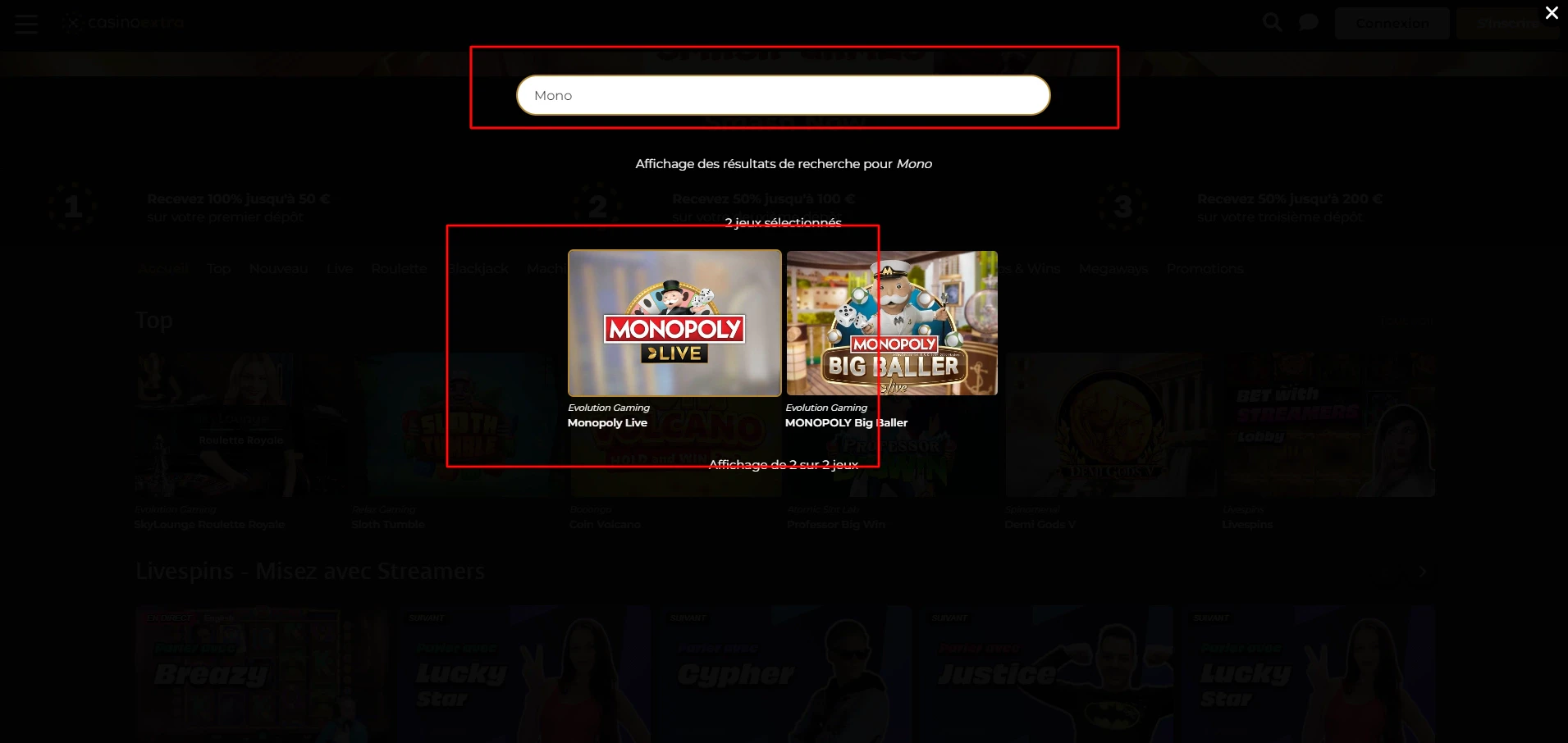 Une barre de recherche vous permettra d’accéder directement au Monopoly Live
