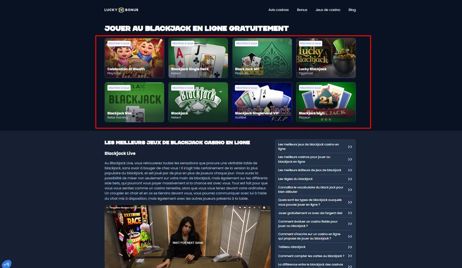 Il vous sera possible de jouer gratuitement au blackjack sur Lucky7Bonus