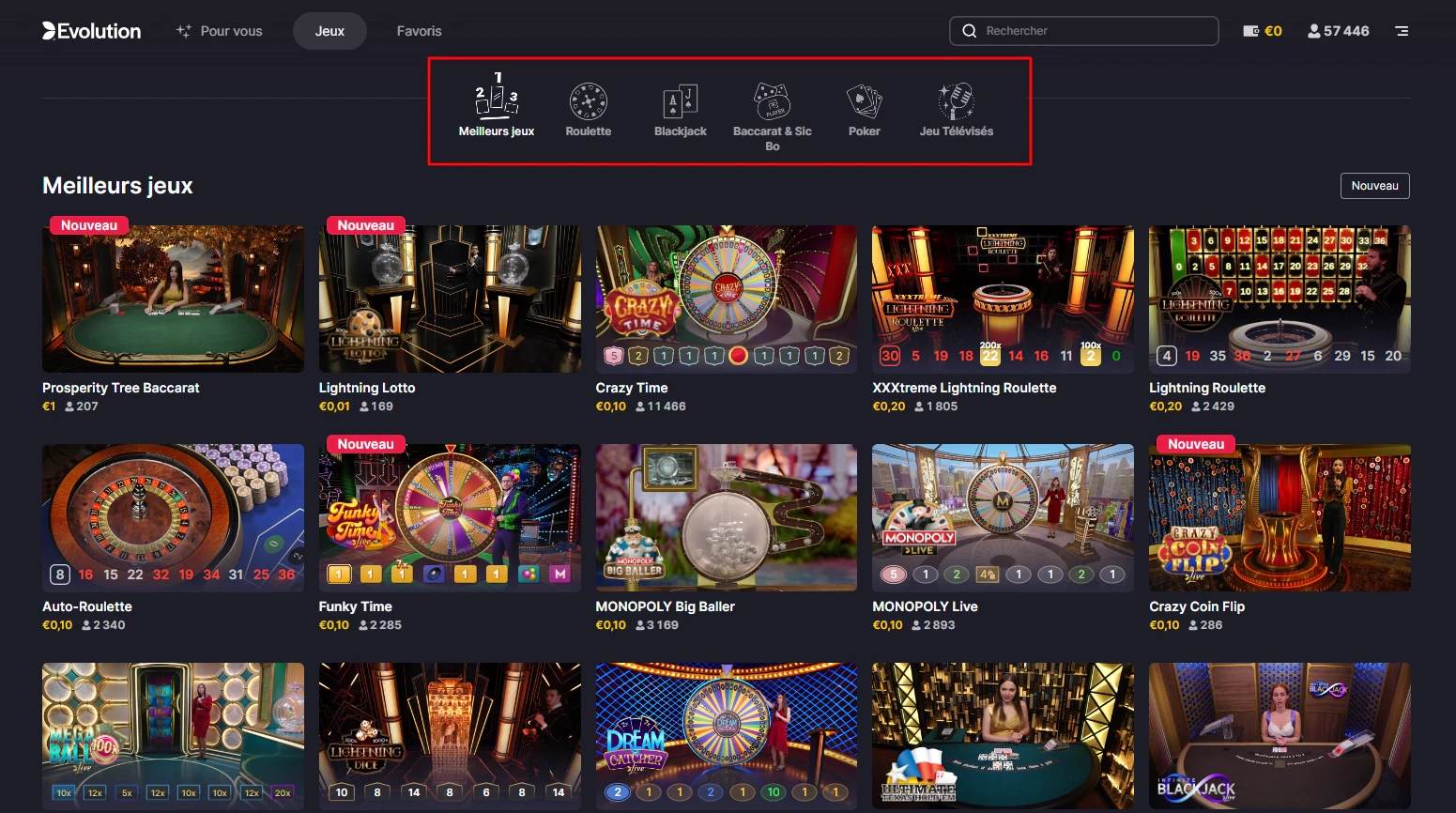 Interface de jeux d'Evolution