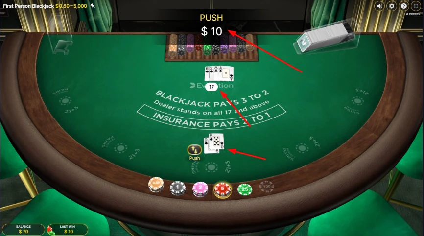 Le push au blackjack est quand il y a égalité entre le résultat du croupier et celui du joueur