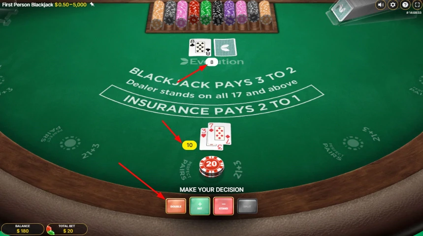 Selon la main du croupier, vous devrez doubler vore main de départ
