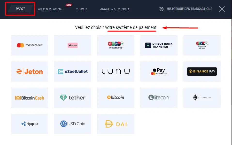 Dépôt choix méthode paiement