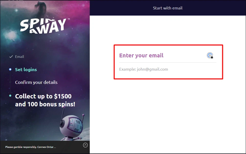 SpinAway Account Creation Step 1