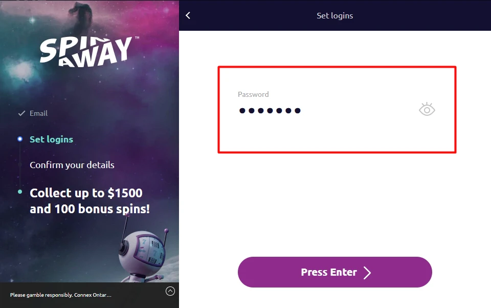SpinAway Account Creation Step 2