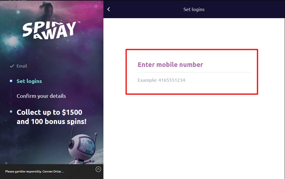 SpinAway Account Creation Step 3