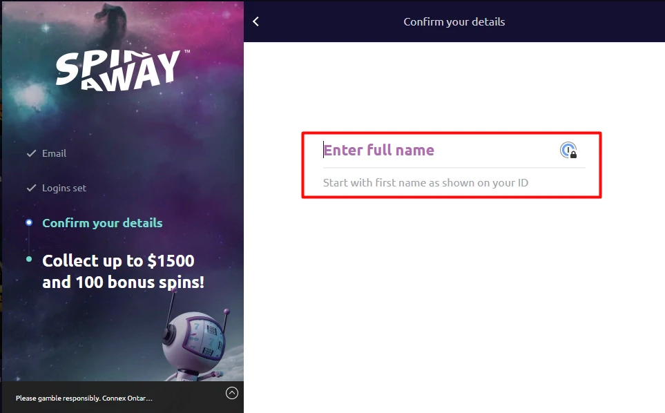 SpinAway Account Creation Step 4