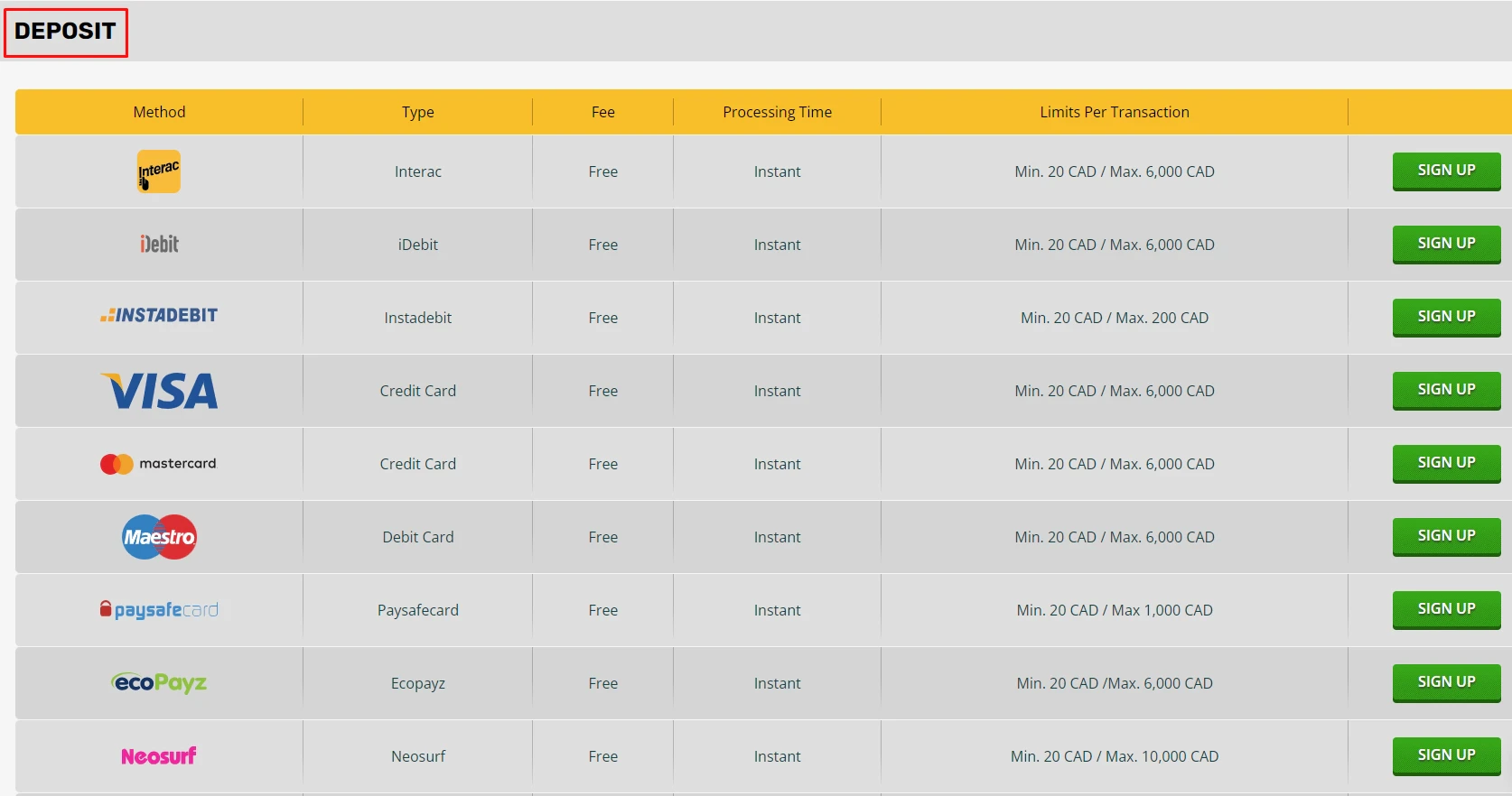 PlayAmo payment methods for deposits