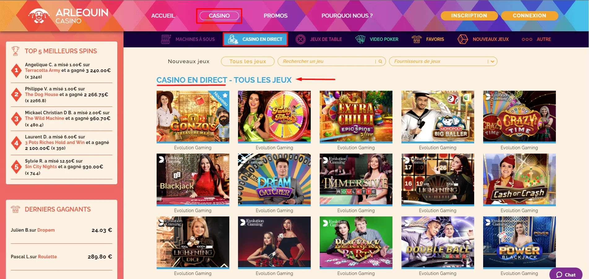 Arlequin casino en direct