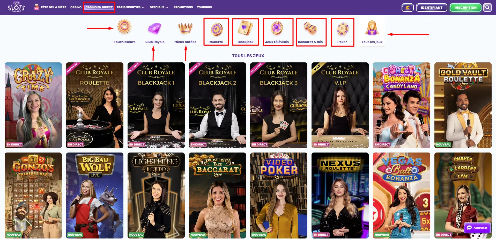 Choix jeux disponibles en direct