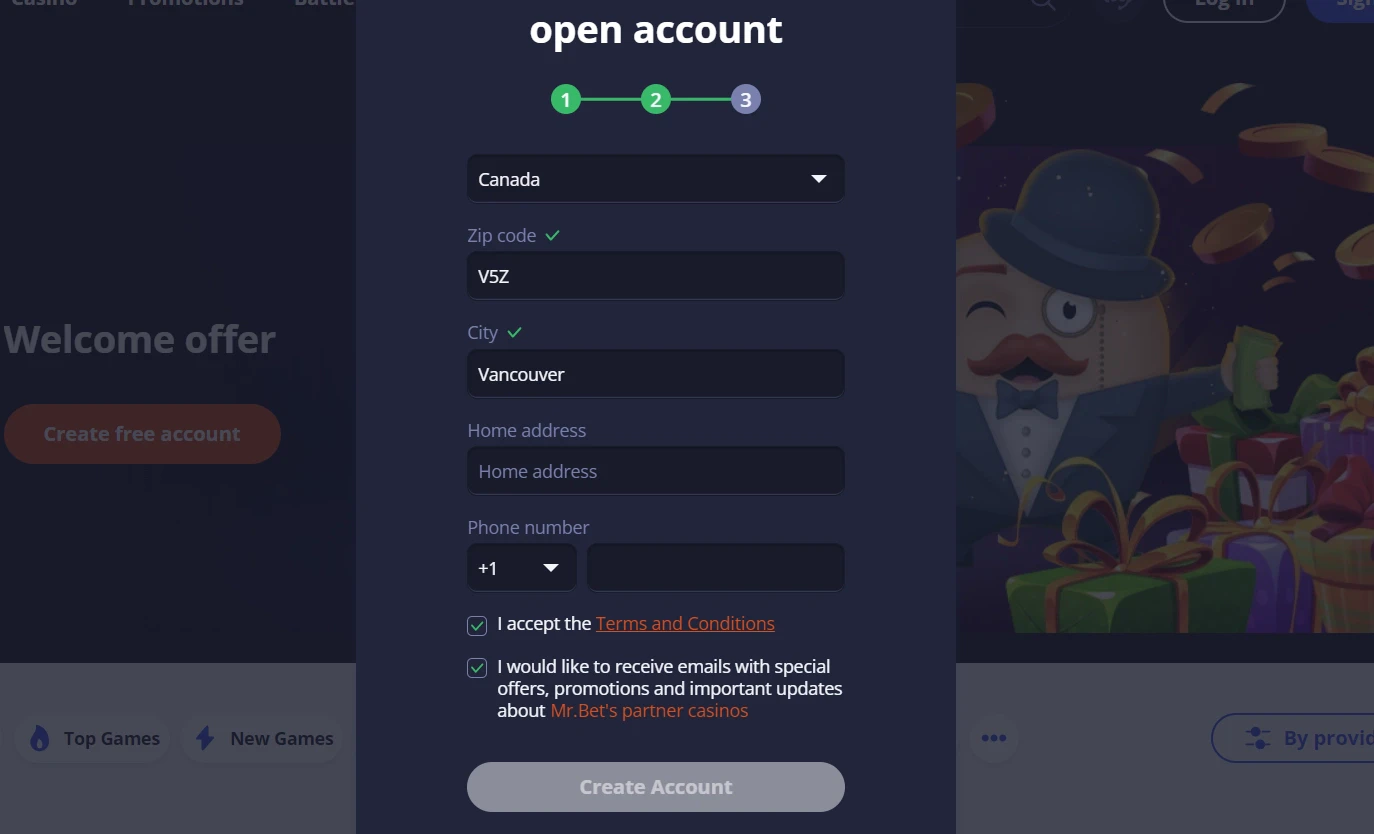 MrBet creating account 4
