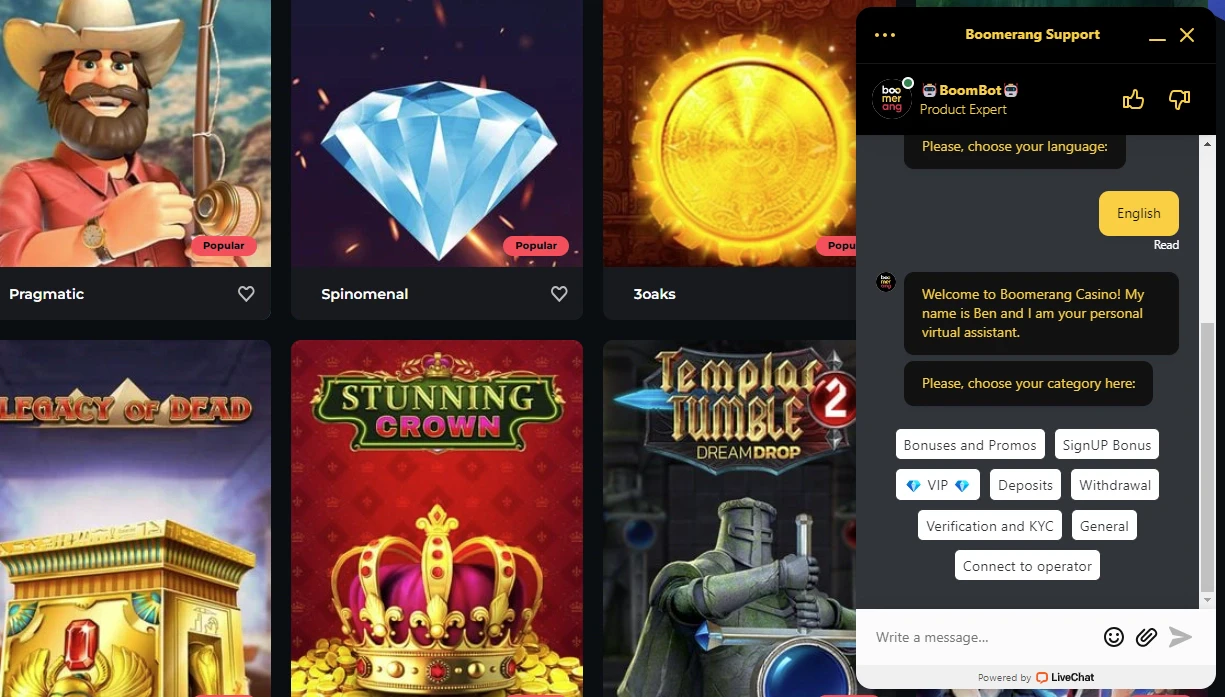 Boomerang Casino chat
